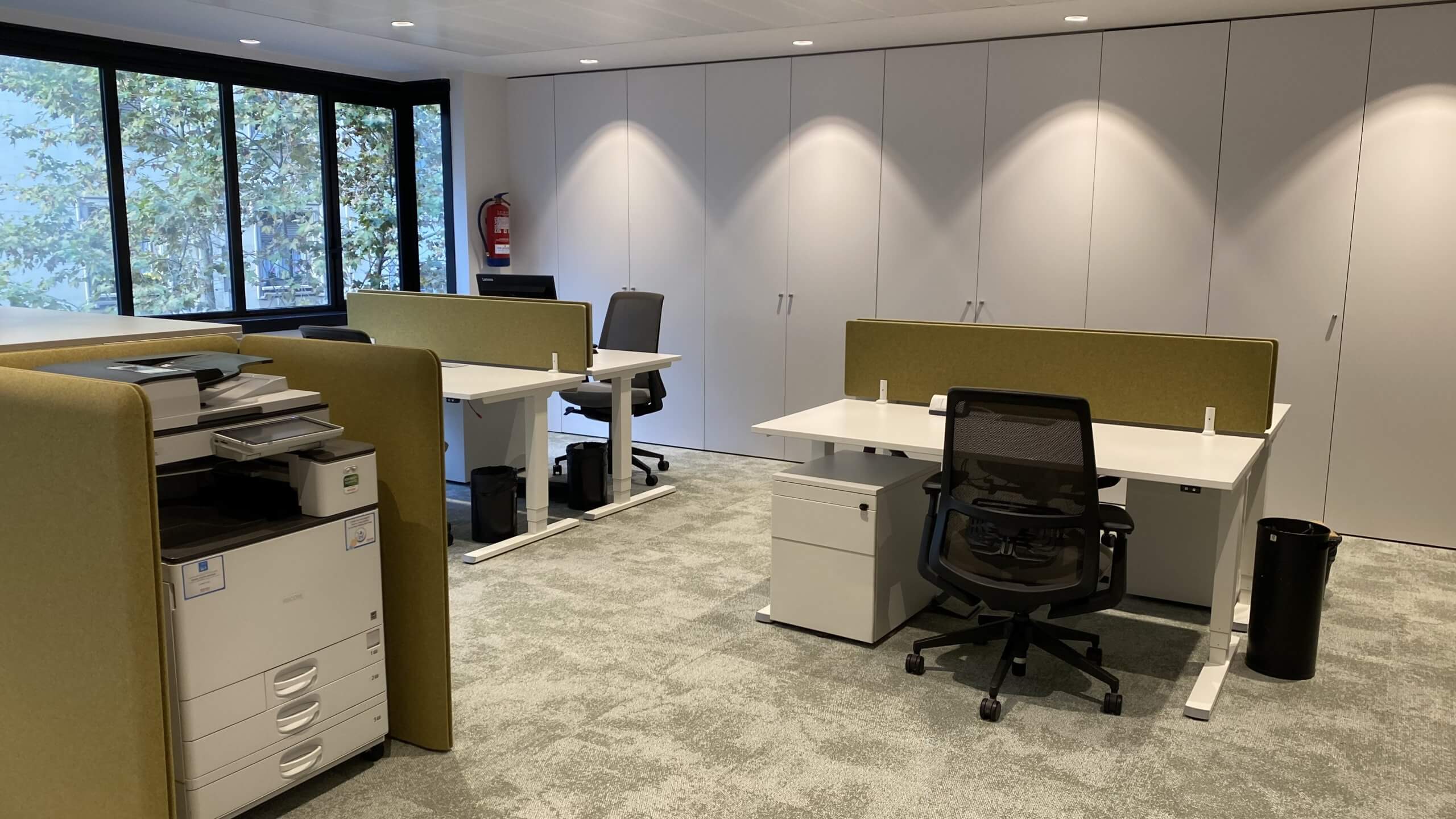 Espacio de trabajo con escritorios blancos y separadores verdes en oficina moderna